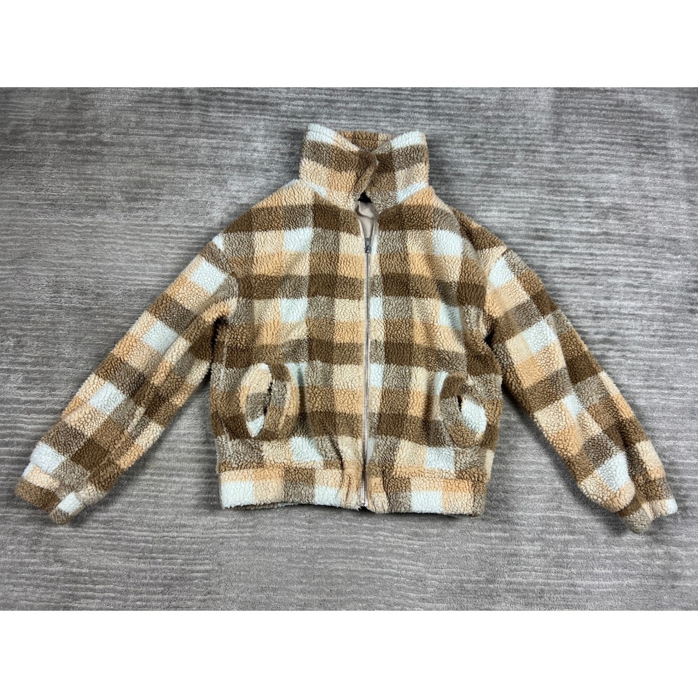 Tecrew Jacket Womens Small Brown Plaid Sherpa Teddy Full Zip High Neck Pockets